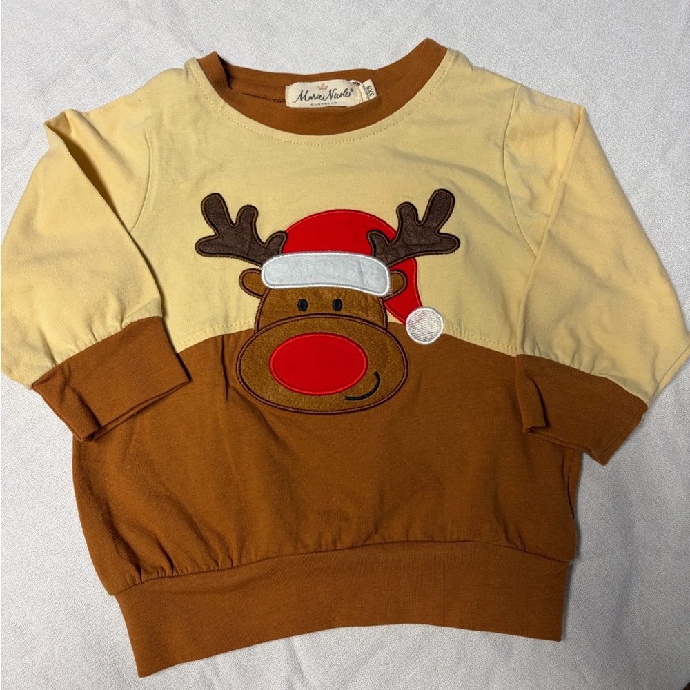NWT Baby Boys Tan Embroidered Reindeer Santa Hat Christmas Top size 6-12 months